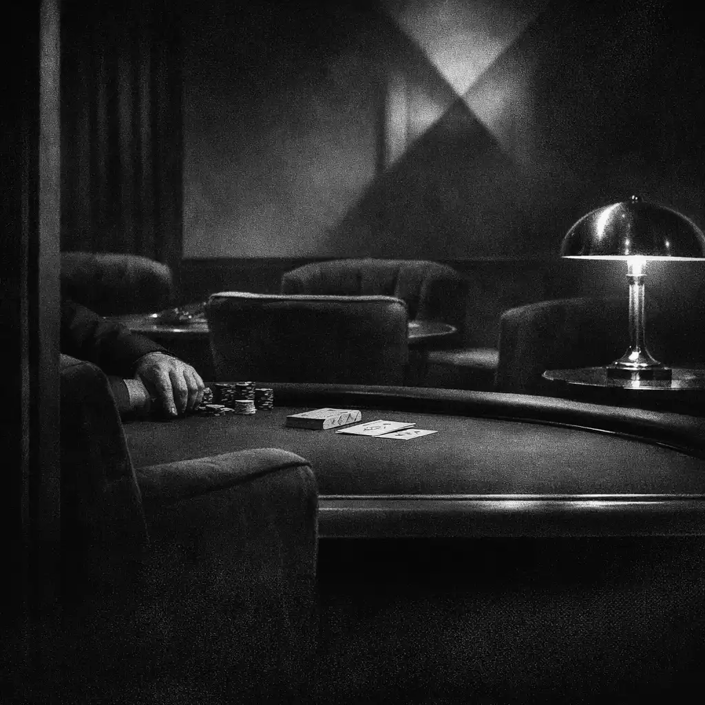 Velvet-dark seating, a low table edge and silver lamp highlights at the threshold of the physical card lounge.