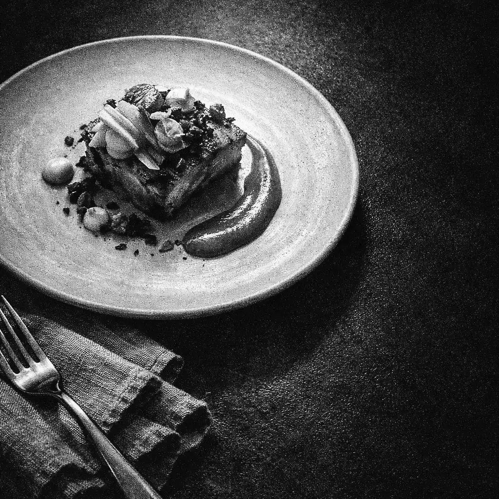 A refined plated dish on pale ceramic with cutlery and textured linen against a near-black table.