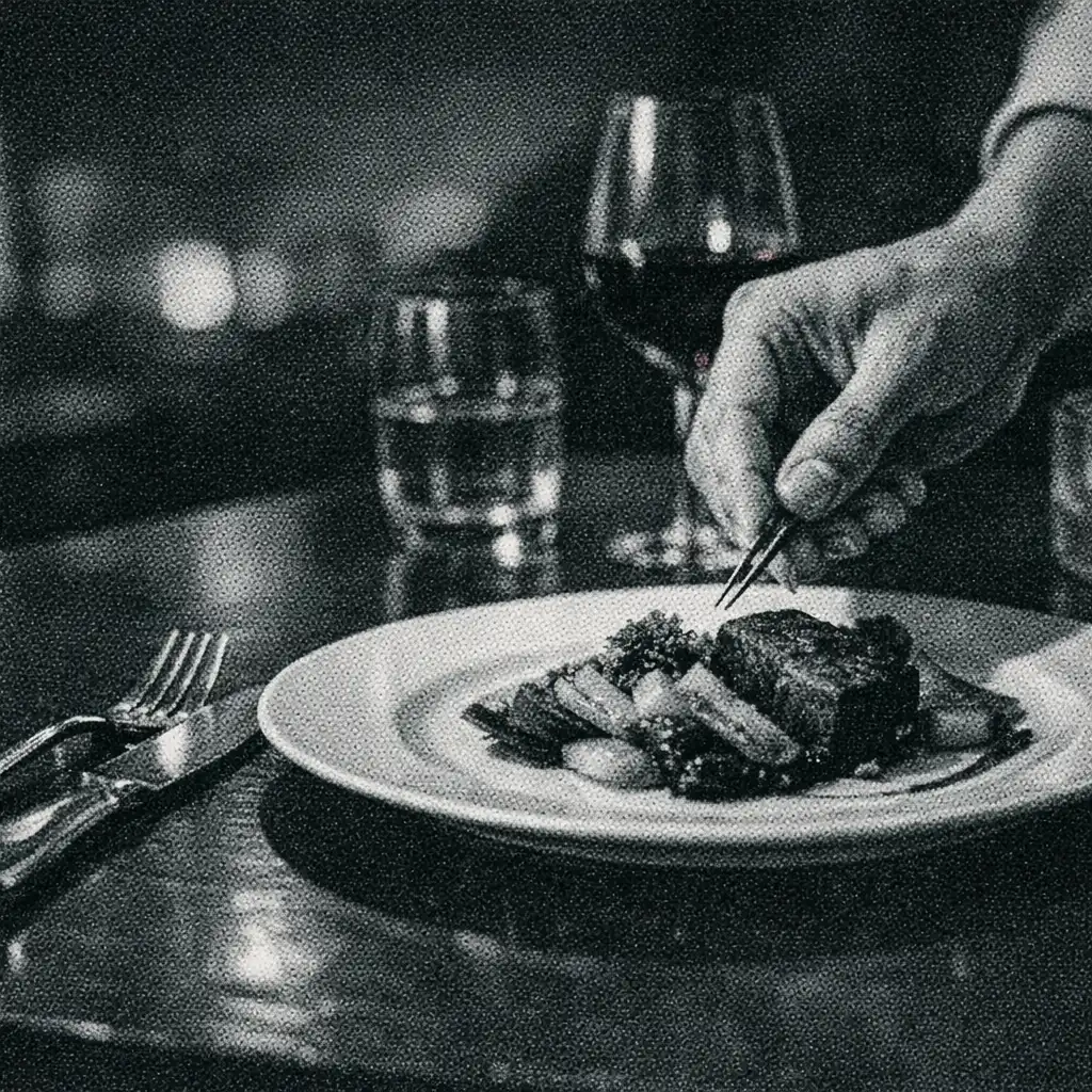 Silver service detail beside a dark ceramic plate