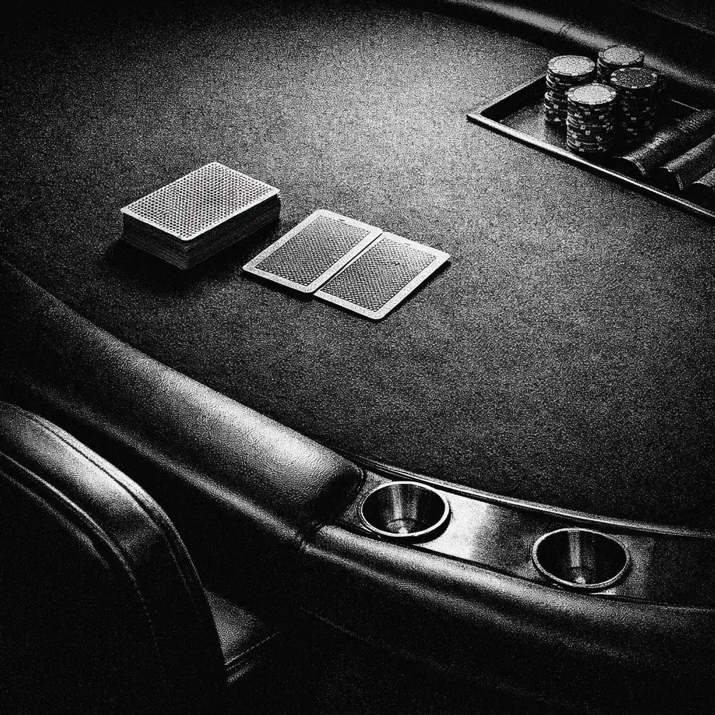 A prepared physical poker table with textured felt, neatly arranged cards and chair edges before guests gather.