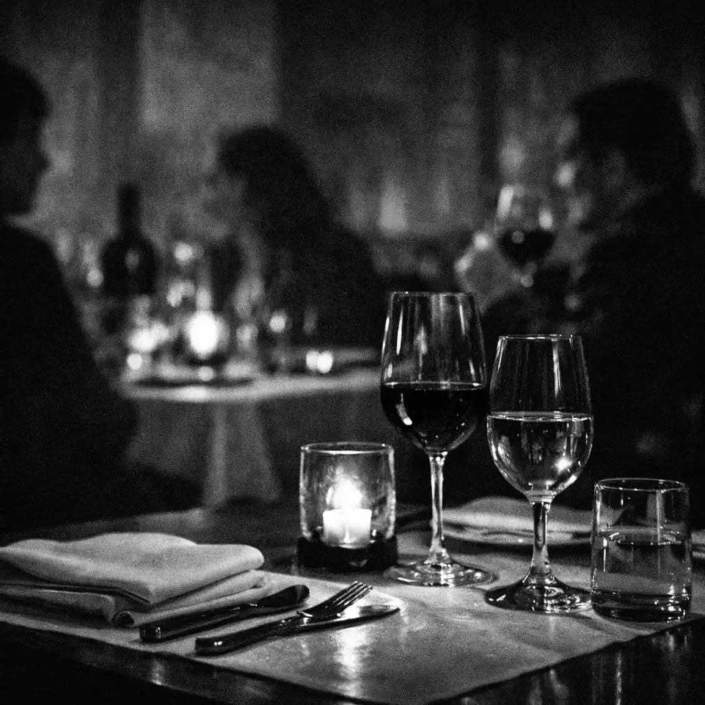 An intimate prepared table with glassware, linen and anonymous gathered silhouettes beyond it in soft low light.