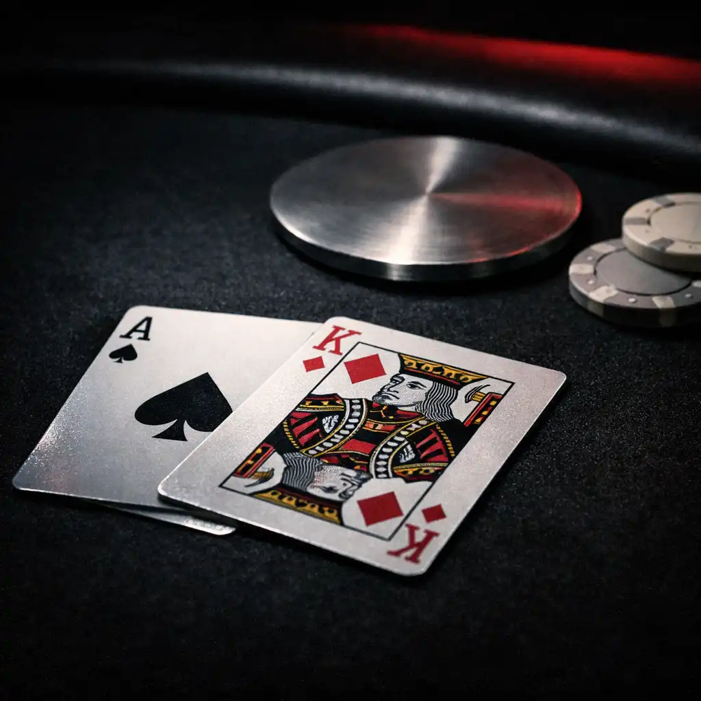 Physical playing cards and felt texture on a dark poker table