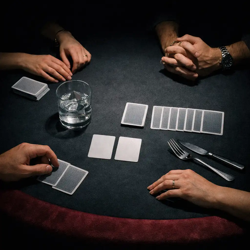 Anonymous hands paused around cards on a dark felt table