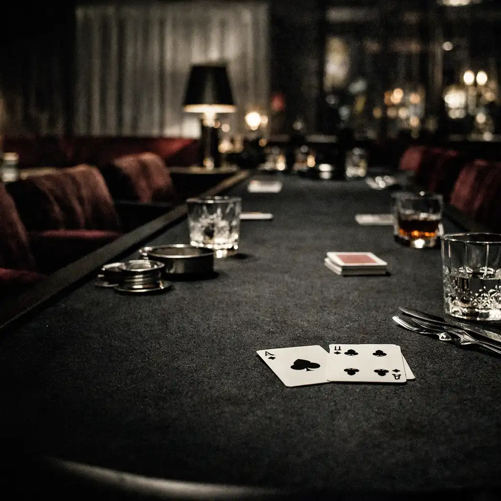 A dark felt card table and velvet seating in the late-night Slate and Onyx lounge