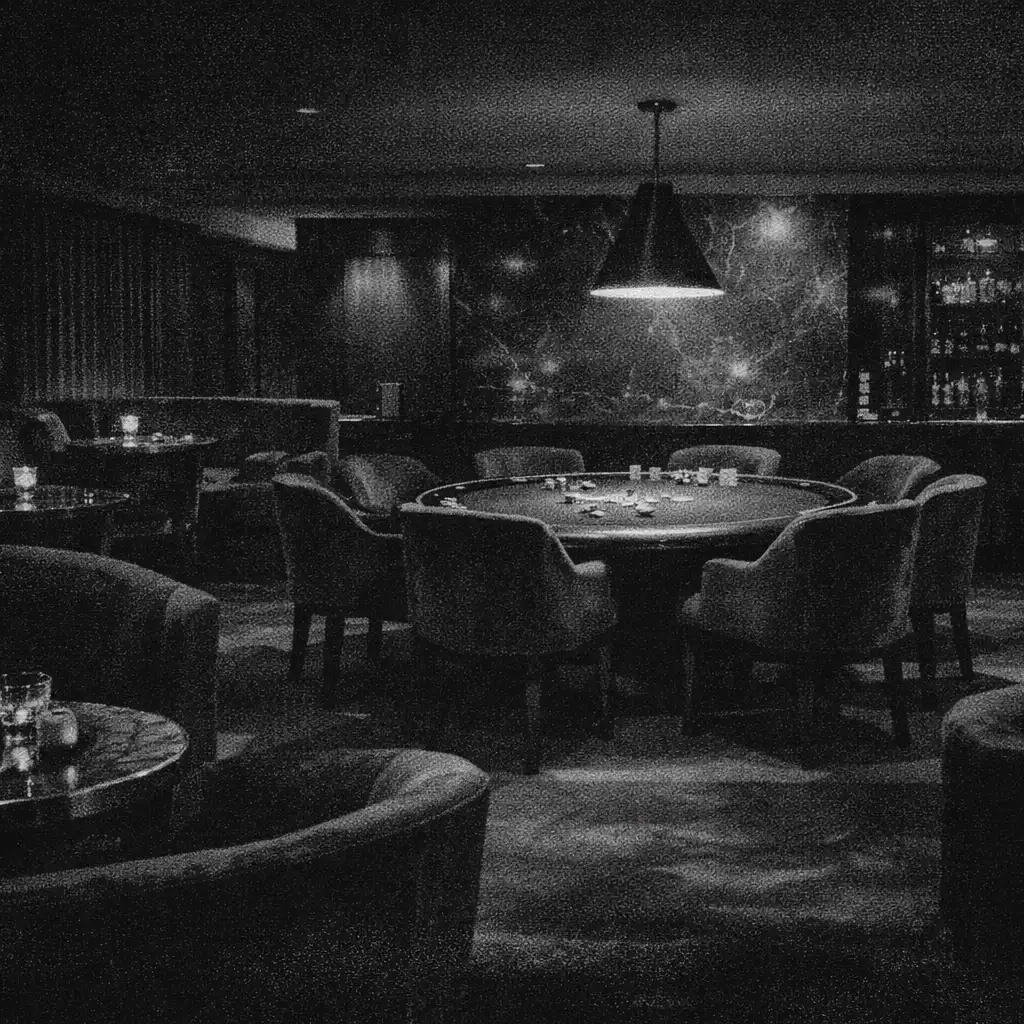 A quiet wide view of the Card Lounge under late-night light