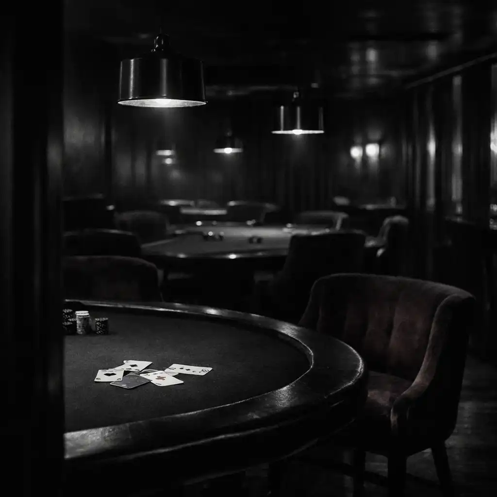 Atmospheric physical card lounge with dark felt tables and low architectural light