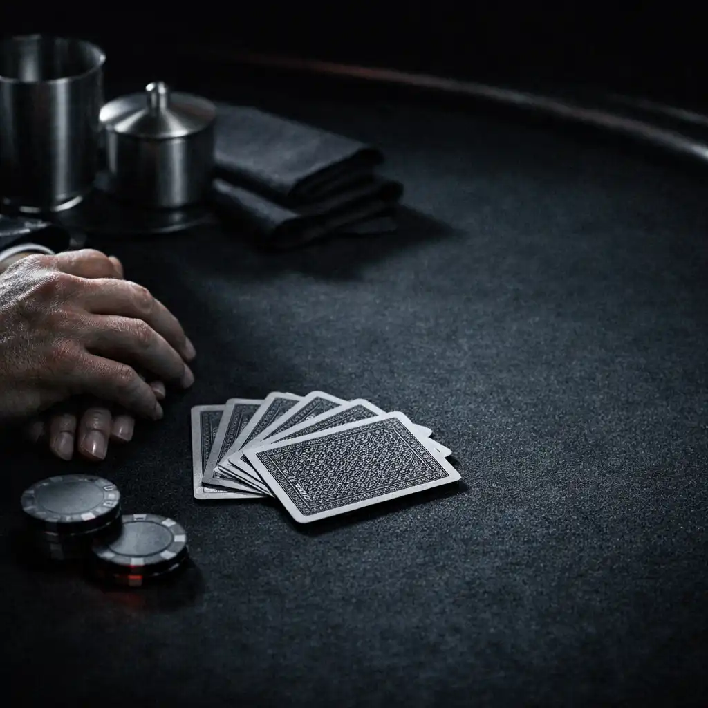 Hands resting beside physical cards, silver serviceware and dark felt on a poker table