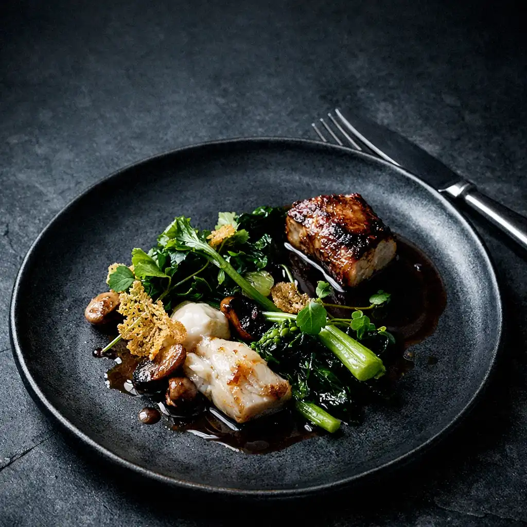 A refined chef selection on a dark ceramic plate with silver detail.