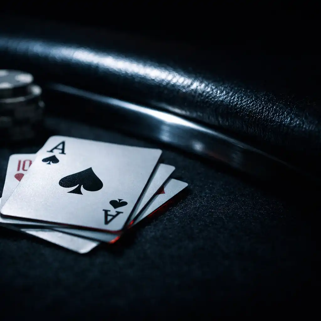 Physical playing cards resting on a dark felt table edge