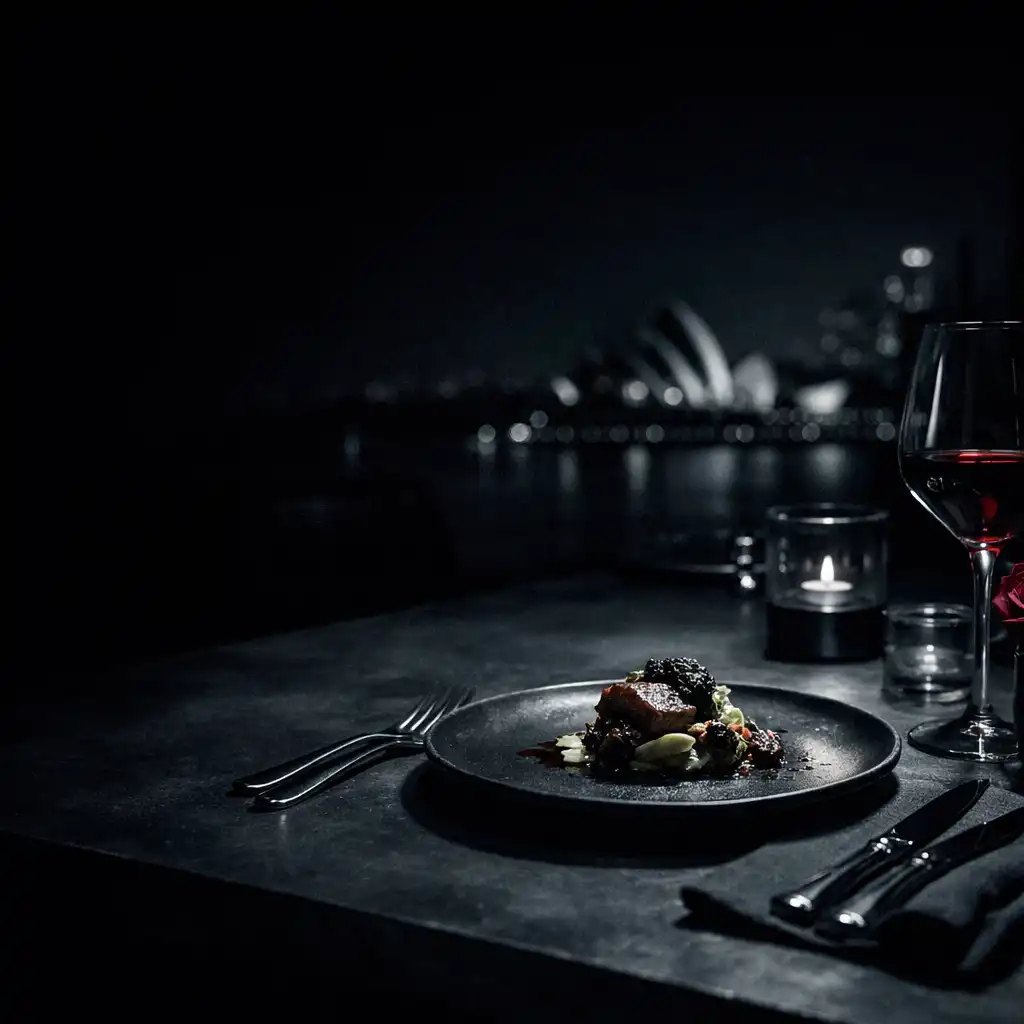 A late dining table with a plated course, silver cutlery and dark linen in low light.