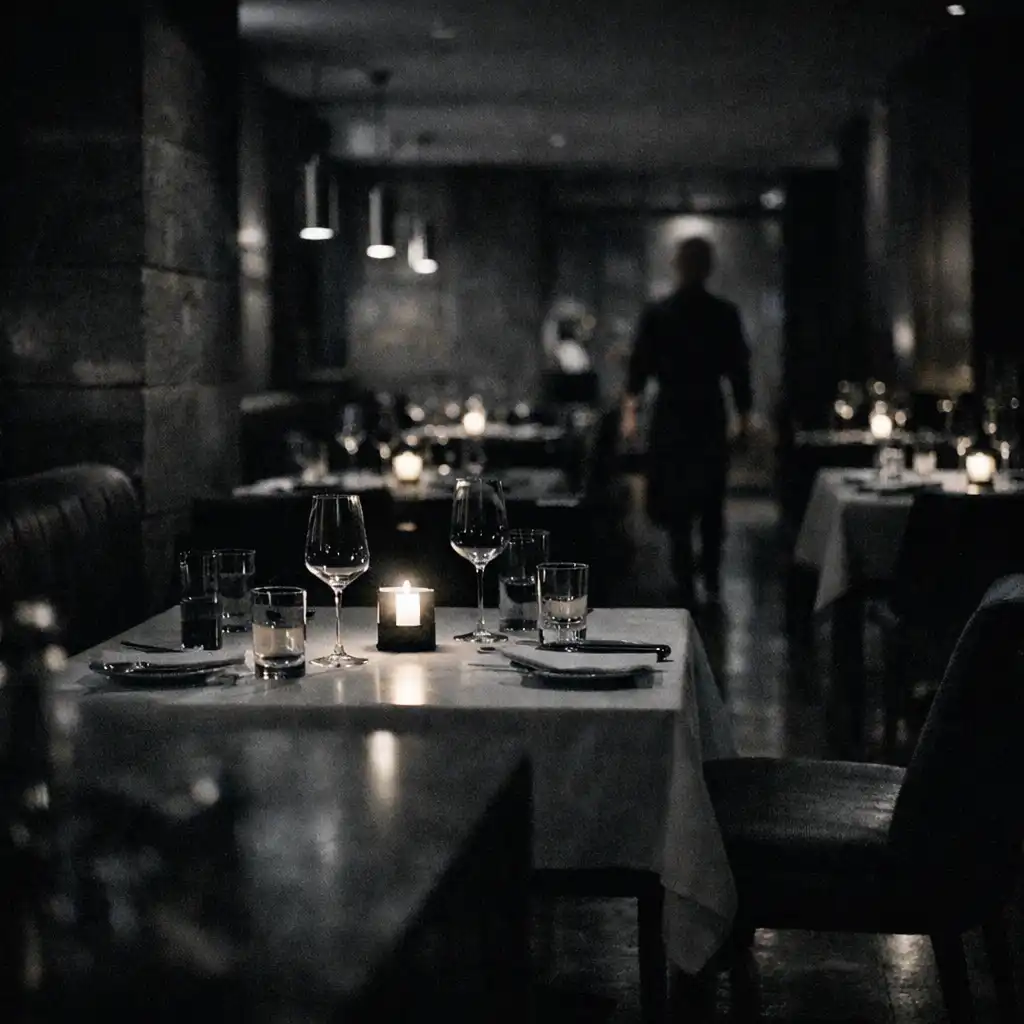A contemporary fine-dining room with set tables and cool highlights in the dark.