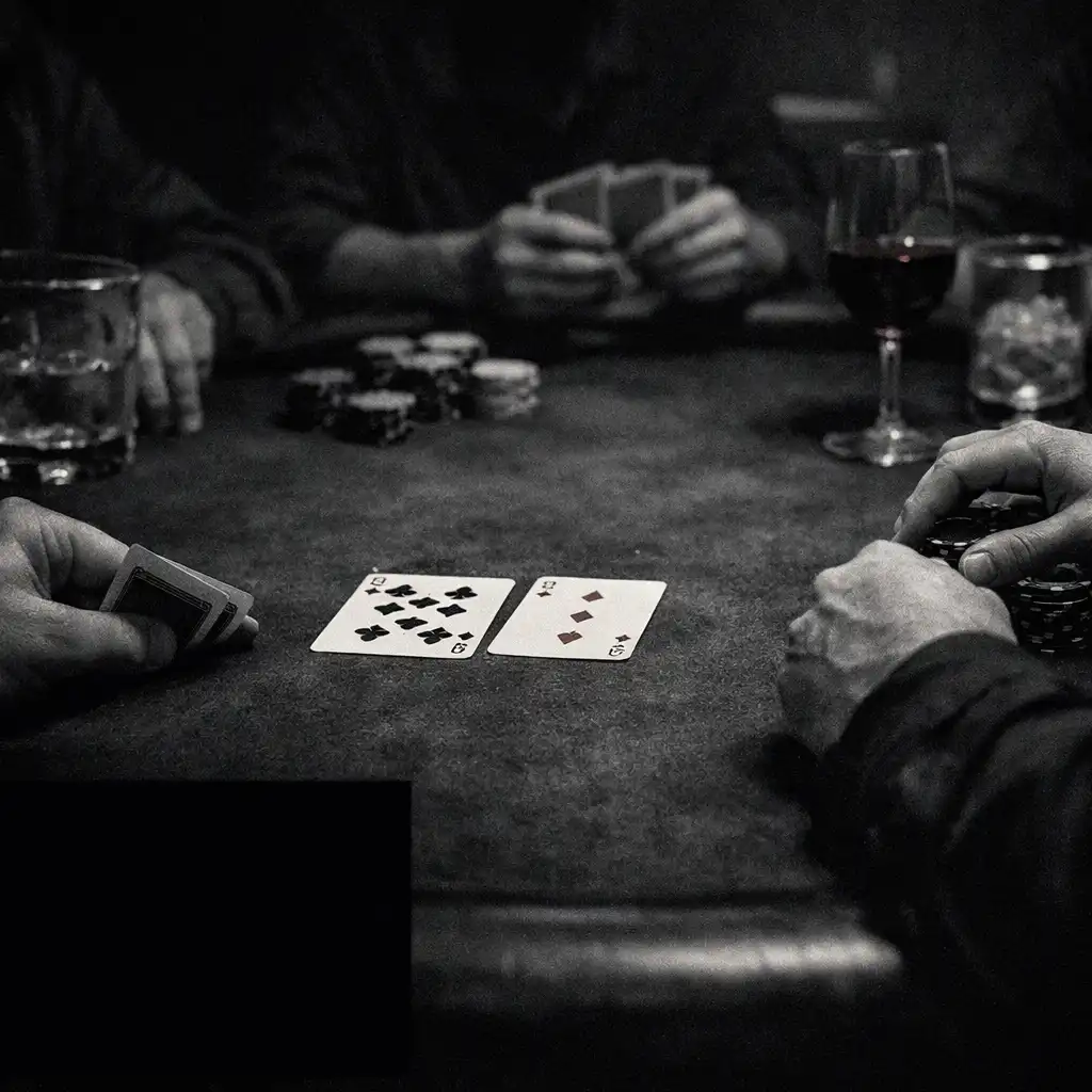Hands gathered around a physical poker table in a dark card lounge.