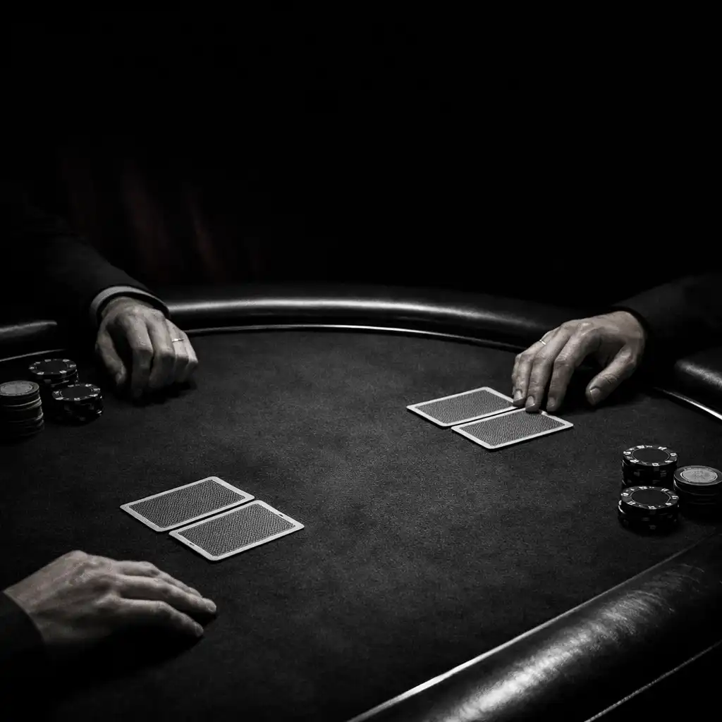 Adult hands resting near face-down cards and physical chips on a dark felt poker table.