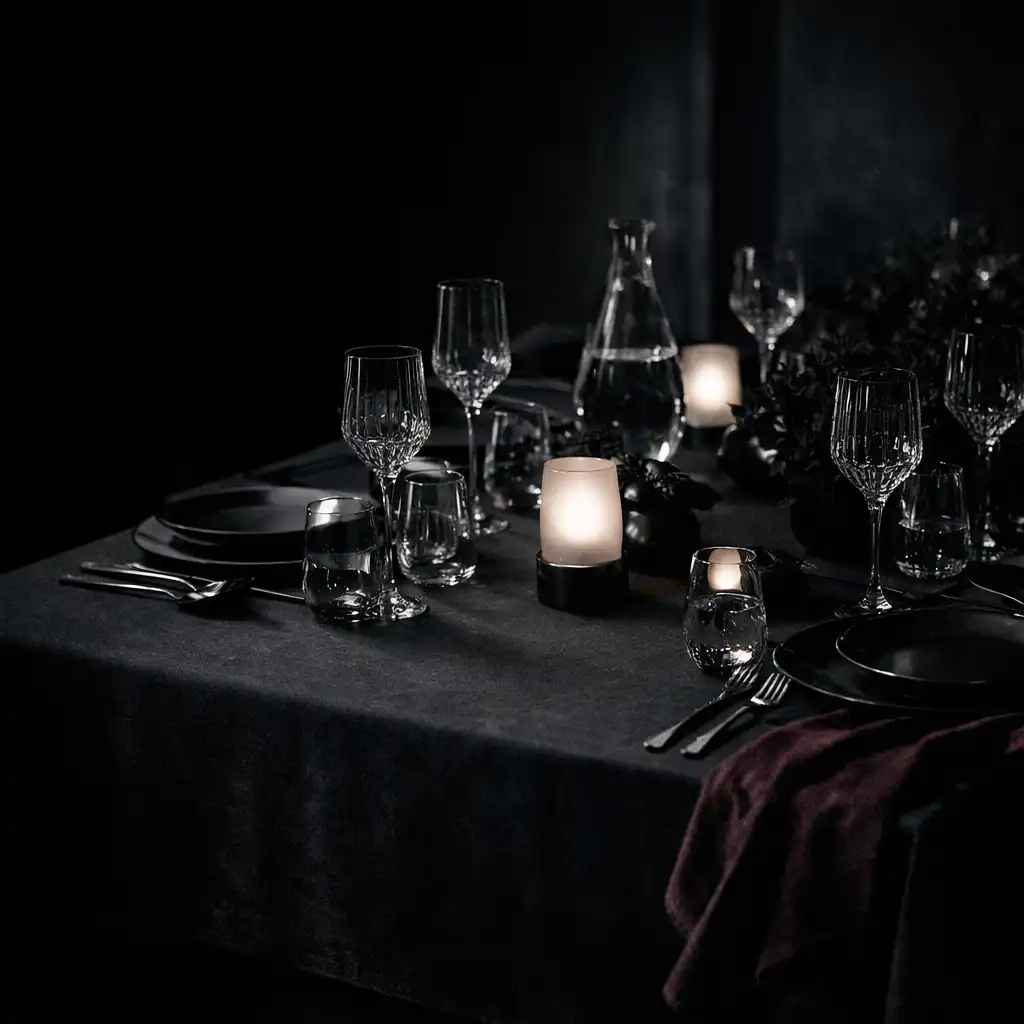 An intimate private dining table prepared in low light with dark linen and silver cutlery.