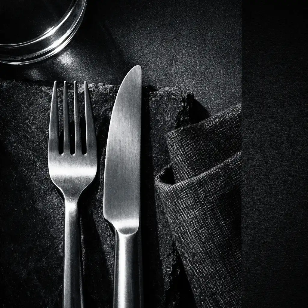 Brushed silver cutlery beside dark stone and charcoal linen