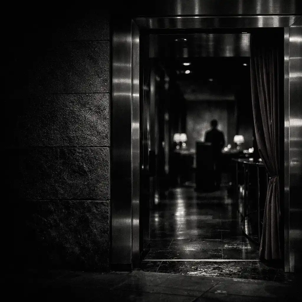 Dark restaurant threshold with cool reflected light at night