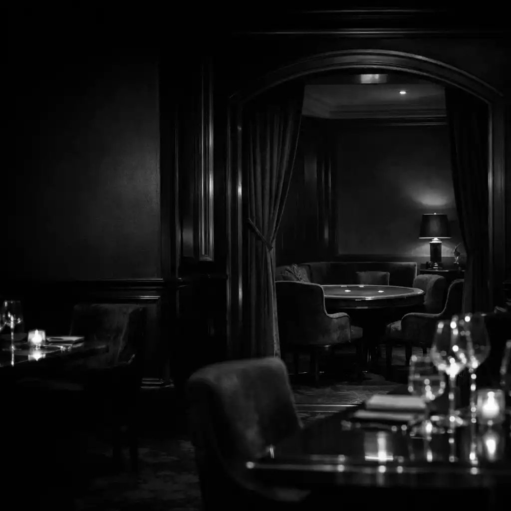 Dim dining room leading toward a quiet adjoining lounge