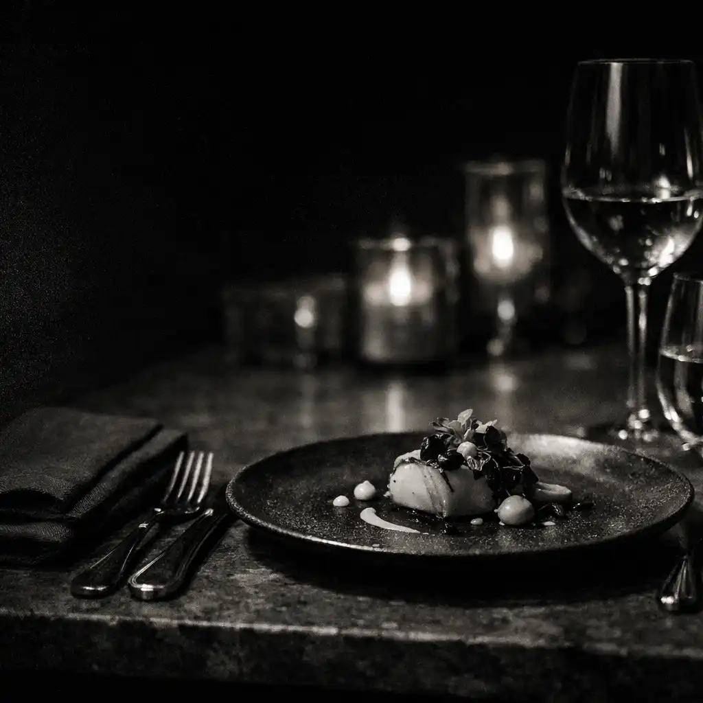 Fine-dining place setting with dark linen, silver cutlery and glassware